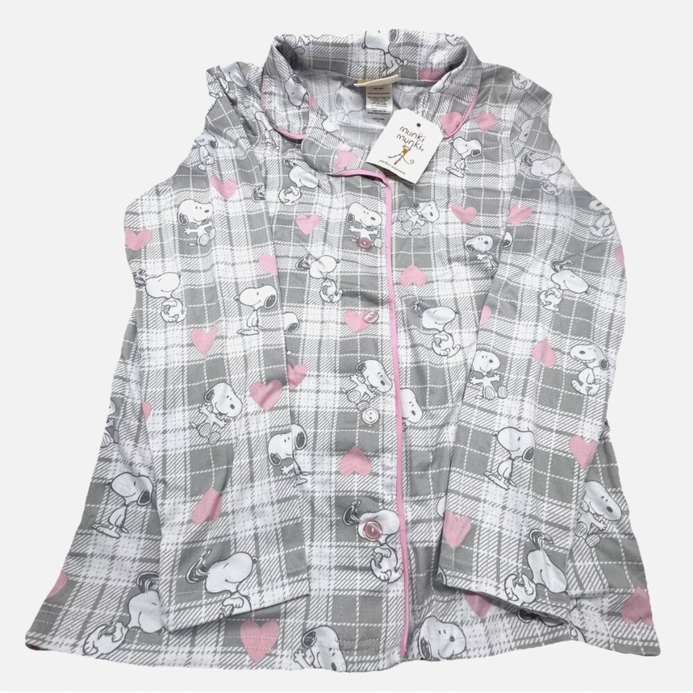 NEW 2pc Munki Munki Snoopy Womens Pajama Lounge Set Gray Plaid Pink Heart S M L